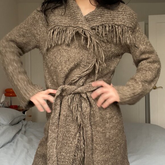 Vintage y2k Le Chateau Fringe Knit Long Cardigan w Tie - Picture 9 of 11
